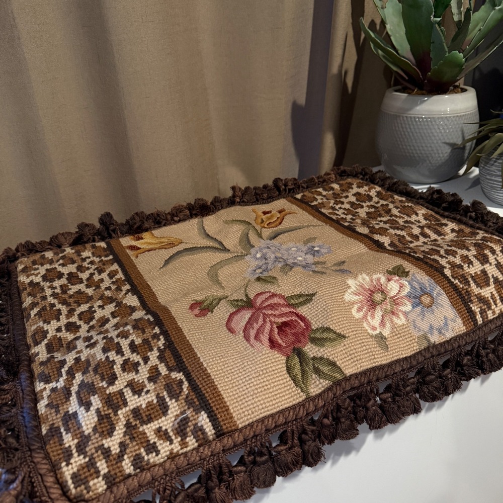Vintage Style‎ Needlepoint Floral Leopard Print Pillow Cover Brown Tassel Fringe